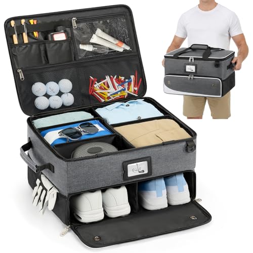 RAINSMORE Golf Trunk Organizer Golf Bag Organizers Golf Shoe Bag with Separate Ventilated Compartment for 2 Pair Shoes Golf Accessories for Balls, Gloves, Clothes - color: Grey