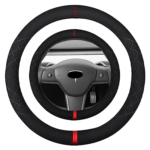 15 inch Suede Steering Wheel Cover, Compatible with Tesla Model 3, Y, S, X - Non-Slip Sport Wheel Cover for Men and Women - color: Fit Tesla O Shape Suede Red Mark in Black, size: 15 inch