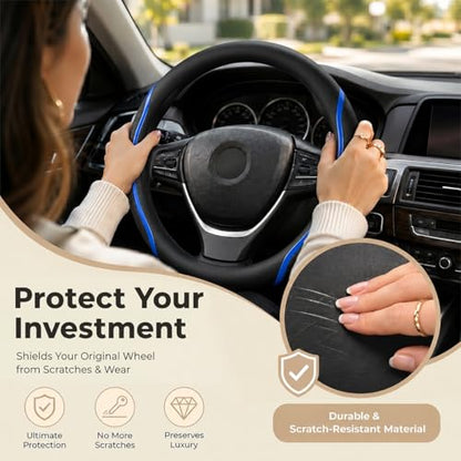 Steering Wheel Cover Blue, Carbon Fiber Car Steering Wheel Covers with Coasters Universal 14.5-15 inch Leather Microfiber Breathable Anti-Slip Steering Wheel Accessories Set - color: Blue, size: Medium