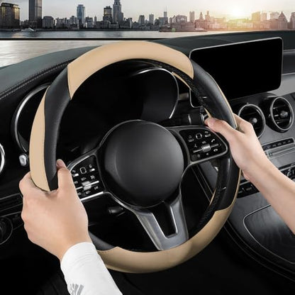 Car Steering Wheel Cover, Microfiber Leather Steering Wheel Cover Universal Fit 14.5-15 inch Anti-Slip Comfortable Breathable Car Wheel Protector for Men Women,Beige - color: Beige