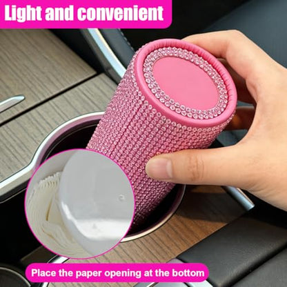 Craedli Bling Car Tissue Holder for Cup Holder, Sparkly Crystal Rhinestone Round Cylinder Car Tissue Box, Refillable Tissues Dispenser Auto Interior Paper Napkin Container with 1 Pack Tissues (Pink) - color: Pink