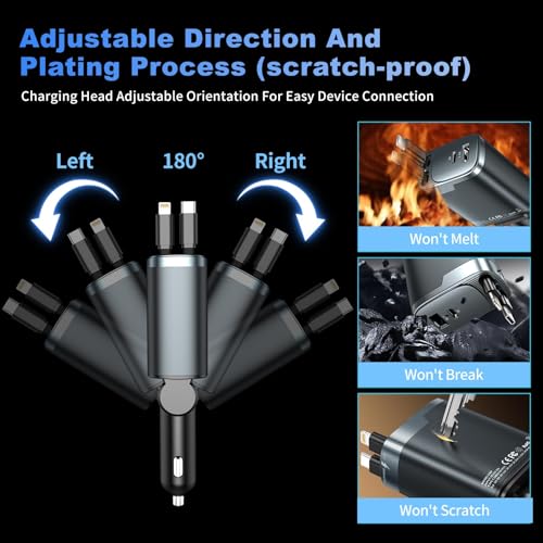 Retractable Car Charger 4 in 1, Car Charger USB C Fast Charge 84W Cigarette Lighter USB Charger, Travel Essentials Car Accessories Gifts for Men Women for iPhone 17 16 15 14 13 12 Pro Max, Samsung