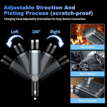 Retractable Car Charger 4 in 1, Car Charger USB C Fast Charge 84W Cigarette Lighter USB Charger, Travel Essentials Car Accessories Gifts for Men Women for iPhone 17 16 15 14 13 12 Pro Max, Samsung