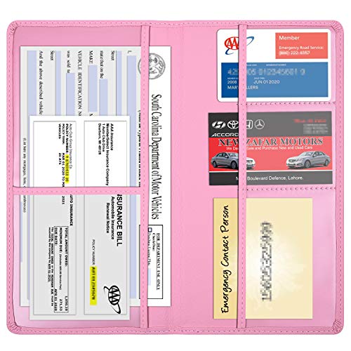 Wisdompro Car Document Holder Organiser, PU Leather Vehicle Insurance and Registration Holders Wallet Case for ID Card, Driving Licence, Key Contact Information Cards - color: Pink