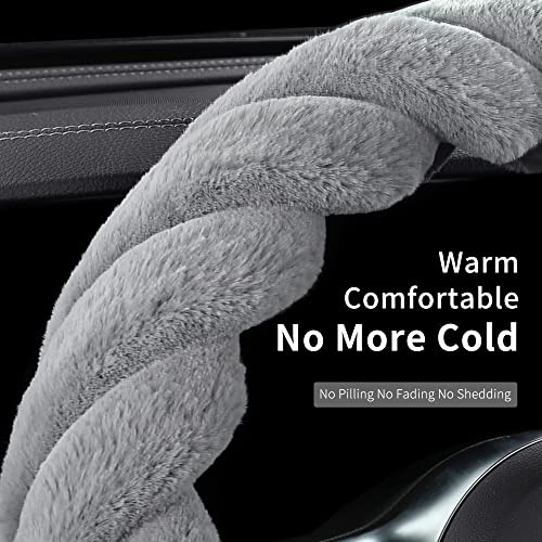 Luxury Fluffy Winter Car Steering Wheel Cover for Women Soft Warm Plush Cute Auto Accessories for Vehicle, Sedan, Universal, Fuzzy, Anti Slip, Gray, Standard Size, 14.75-15.15"