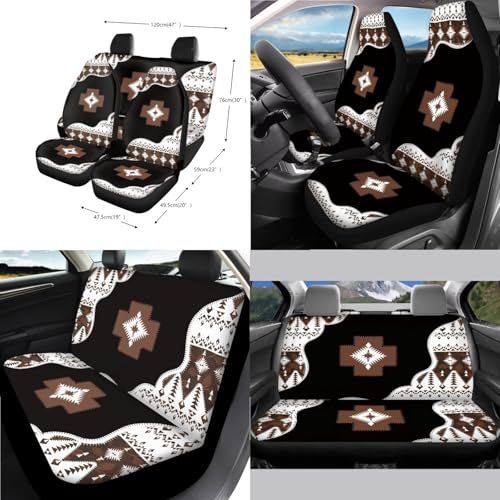 Wanyint Aztec Brown 14 Pack Car Accessories Set, Universal Auto Seat Protector Steering Wheel Cover Seatbelt Strap Pad Trash Can Armrest Cover Pad Cup Holders Rearview Mirror Cover Handbrake Cover Set - color: Southwest Aztec Black Brown
