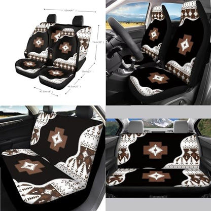 Wanyint Aztec Brown 14 Pack Car Accessories Set, Universal Auto Seat Protector Steering Wheel Cover Seatbelt Strap Pad Trash Can Armrest Cover Pad Cup Holders Rearview Mirror Cover Handbrake Cover Set - color: Southwest Aztec Black Brown