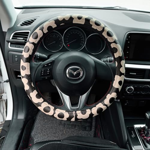 Microfiber Leather Steering Wheel Cover 14.5-15 inch, Black Floral Design, Anti-Slip Rubber Inner, Universal Fit for Cars, Trucks, SUVs (Black) - color: Black