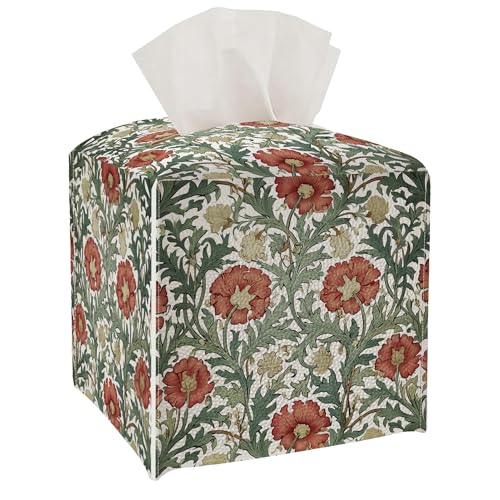 Tissue Box Cover Holder Square - Vintage Boho PU Leather Decorative Organizer, Ethnic Carpet Pattern Design Inspired, with Bottom Belt for Bathroom Car Office Tabletop Home, 5x5 Inch (Beige&Blue) - color: Red&green