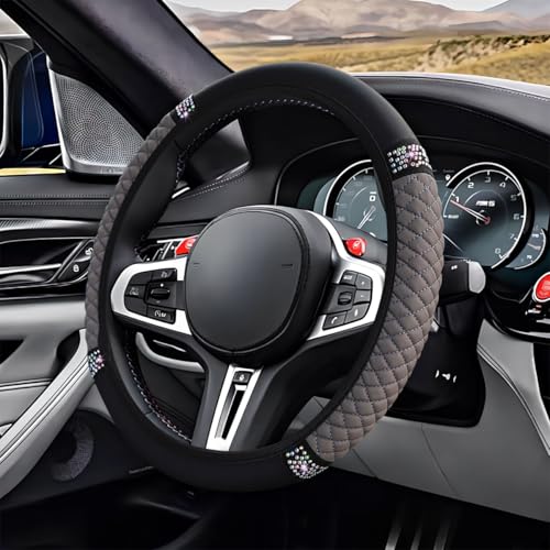 Bling Soft Leather Steering Wheel Cover, 15" Anti-Slip Sparkly Crystal Auto Elastic Steering Wheel Protector for Women Girl, Colorful Diamond Car Interior Accessory for Most Cars (Grey) - color: Grey