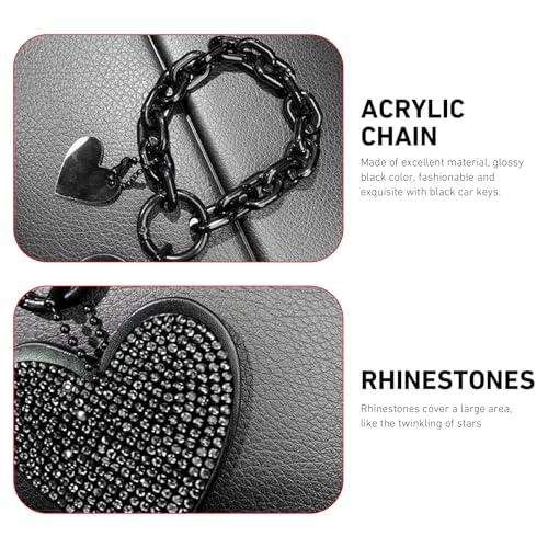 Cute Heart Keychain, Pretty Bling Key Chain Accessories, Sparkling Diamond-Studded Microfiber Leather Car Keyring Wristlet - color: Black