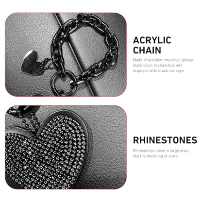 Cute Heart Keychain, Pretty Bling Key Chain Accessories, Sparkling Diamond-Studded Microfiber Leather Car Keyring Wristlet - color: Black
