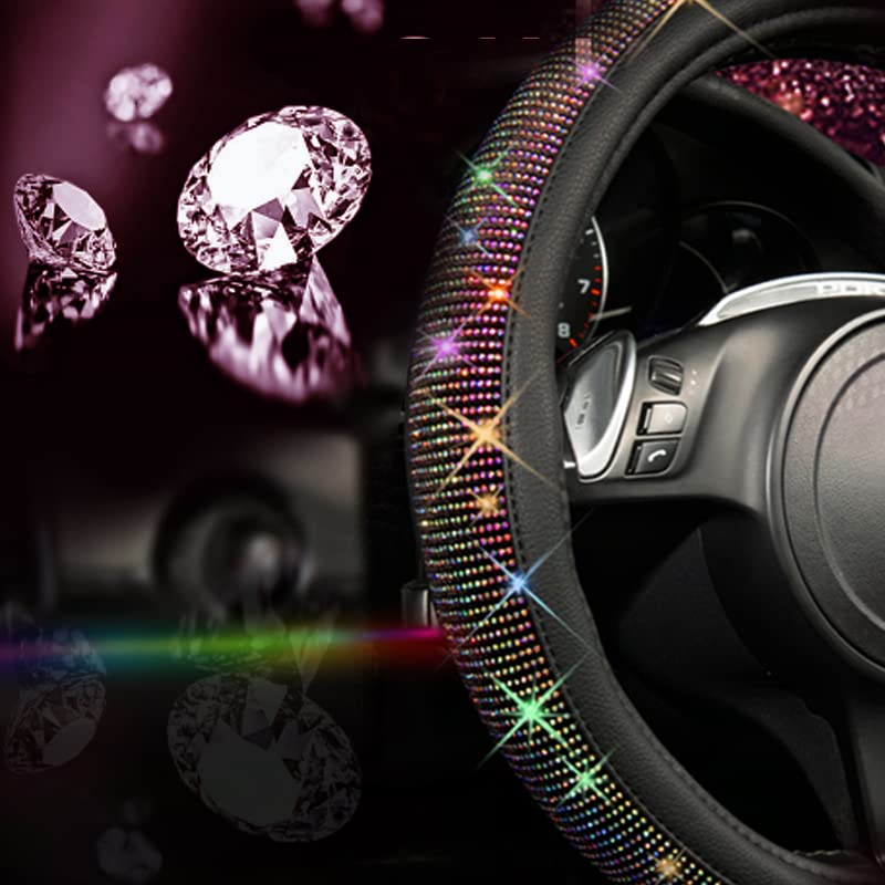 CAR PASS Diamond Leather Steering Wheel Cover, with Bling Crystal Rhinestones Fit Suvs,Vans,Sedans,Cars,Trucks Universal Fit 14.5-15inch Crystal Glitter for Women Sparkle Girl, Multicolor Diamond - color: Colorful Diamond