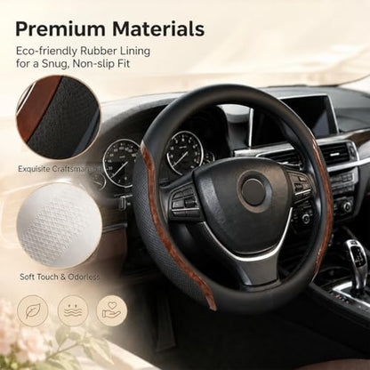 Steering Wheel Cover Black Wood Grain, Leather Car Steering Wheel Covers with Coasters Universal 14.5-15 inch Microfiber Breathable Anti-Slip Steering Wheel Accessories Set - color: WoodGrain, size: Medium
