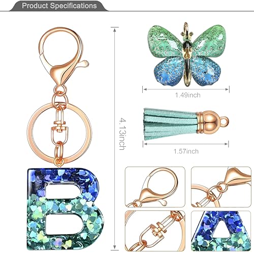 JINGUAZI Initial letter Keychains for Women Tassel Butterfly Pink Purple Cute Car Keychain for Wallet Backpack bag charm - color: B-blue Green