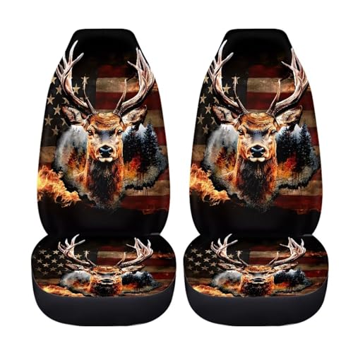 American Flag Patriot 2 Piece Car Seat Covers for Men Women Front Seats Only Auto Seat Protector Deer Print Universal Fit Most Truck SUV Van Car Accessories - color: American Flag Deer