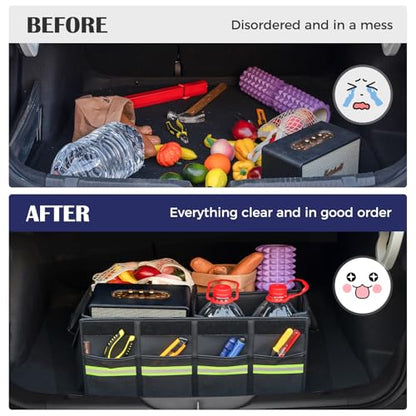 Coverado Car Trunk Organizer - 70L Nappa Leather Trunk Organizer for SUV with Lid, Multi Collapsible Car Storage Organizer Foldable, Multi Compartments with 2 Straps for SUV/Truck - size: L