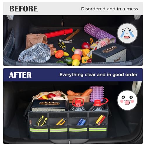 Coverado Car Trunk Organizer - 70L Nappa Leather Trunk Organizer for SUV with Lid, Multi Collapsible Car Storage Organizer Foldable, Multi Compartments with 2 Straps for SUV/Truck - size: L