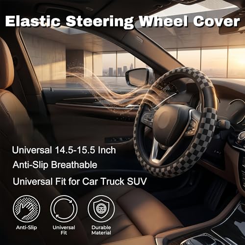 Checkered Gray Steering Wheel Cover 14.5-15.5 Inch - Elastic Anti-Slip Breathable Universal Fit for Car Truck SUV + 2 Car Coasters for Women Men - color: Checkered Gray