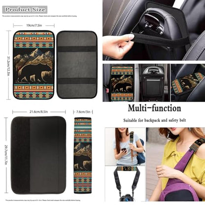 Dreaweet Mountain Bear Aztec Car Seat Covers Full Set 12 Pcs Southwestern Car Accessories Seat Covers with Steering Wheel Cover/Arm Rest Pads/Seat Belt Pads/Coasters/Gear Shift Cover/Handbrake Cover - color: Mountain Bear Aztec