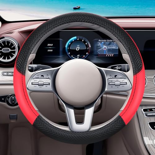 Black & Red Car Steering Wheel Cover, Microfiber, Leather Patchwork, Universal 14.5-15 Inch Leather Anti-Slip Breathable Auto Steering Wheel Covers for Men Women