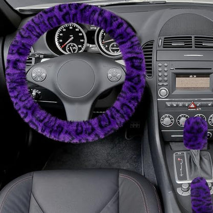 Accmor Fuzzy Car Steering Wheel Cover, Universal Fit Fur Car Wheel Cover & Handbrake Cover & Gear Shift Cover Set, Fluffy Fashion Leopard Print Auto Steering Wheel Protector for Women Girls(Purple) - color: Purple/Dark Leopard