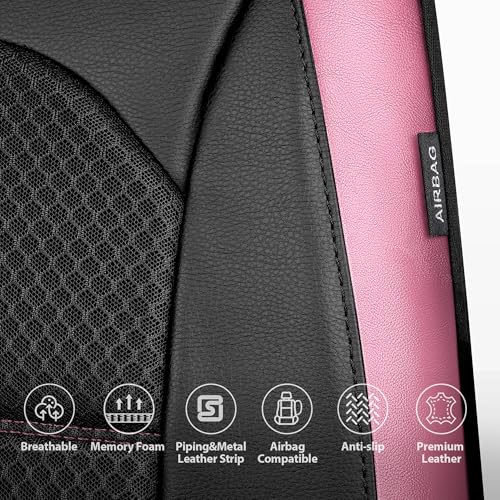 CAR PASS Memory Foam Car Seat Covers,Air Cool Mesh Thick Seat Covers Front Seats,Pink Metal Film Leather Seat Cover for Car,Universal Automotive Comfort for Most Car,Truck,Airbag Compatible,Black Pink