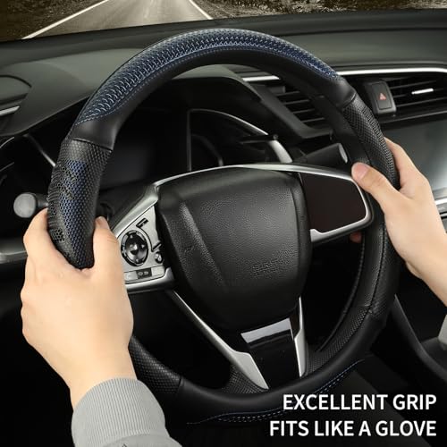 D Shaped Steering Wheel Cover Great Grip with 3D Honeycomb Hole, Anti-Slip Sporty Design, Small 13.5-14 inch(Black with Blue) - color: Black with Blue, size: D Shaped-Small[13.5''-14'']