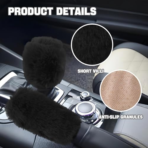 Hovom 2PCS Fluffy Car Gear Shift Knob Cover & Handbrake Cover, Soft Plush Hand Brake Handle & Gear Shift Cover for Women Girls, Universal Comfortable Warm Furry Car Accessories (Black)
