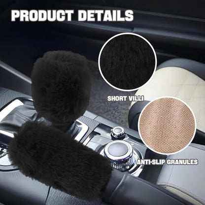 Hovom 2PCS Fluffy Car Gear Shift Knob Cover & Handbrake Cover, Soft Plush Hand Brake Handle & Gear Shift Cover for Women Girls, Universal Comfortable Warm Furry Car Accessories (Black)