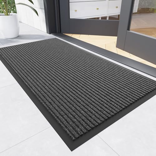 Front Door Mat, 2' x 4' Heavy Duty Indoor Outdoor Door Mat for Entryway, Commercial Door Mats Entrance, Low Profile Welcome Mats Non-Slip, Durable Rubber Backing Entry Mat for Patio, Home - color: Gray-stripe, size: 2' x 4' (Rectangular)