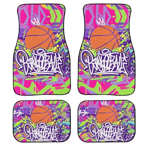 Basketball Print Car Floor Mats Set of 4 Graffiti Sport Ball Universal Vehicle Floor Carpet Decorative Auto Front Rear Foot Rugs for Trucks SUV Sedan - color: Purple