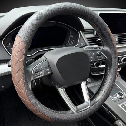 Nappa Leather Steering Wheel Cover,Elegant Diamond Checkered Design, Non-Slip wear-Resistant, Enhance Driving Comfort, Suitable for Steering Wheel Diameter 14 1/2‘-15’ Models.Black Brown - color: Black Brown
