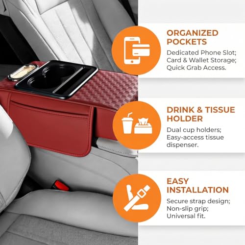 Car Center Console Armrest Pillow, 5-in-1 Armrest Box Cover with Cup Phone Holder & Storage Pocket Tissue Box, Multifunctional Auto Middle Console Arm Rest Protector, Universal Fit (Red) - color: Red