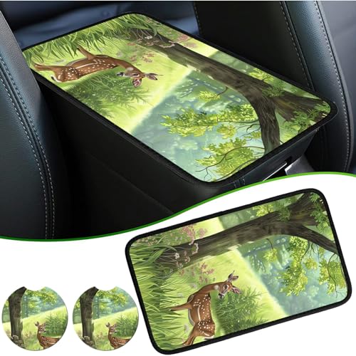 Universal Auto Center Console Pad and 2Pcs Car Coasters Set, Anti Slip Soft Neoprene Car Armrest Seat Box Cover Protector Universal Fit - Car Interior Accessories, Pampas Deer - color: 492