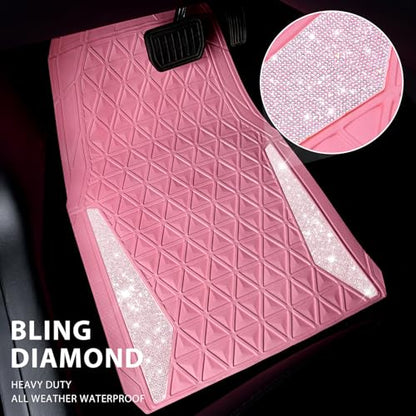 CAR PASS Bling Diamond Car Mats Rubber Floor Mats Full Set Anti-Slip 3D Rhombus Waterproof Trim to Fit Liner Universal Glitter Crystal Sparkly Shining Rhinestone Girl Women SUV Sedan Van, Pink Rubber - color: Pink Rubber