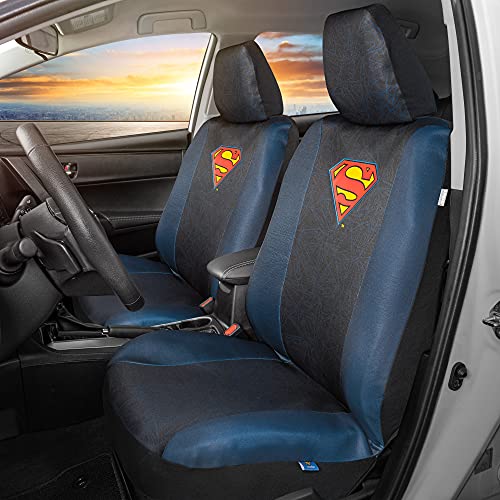 Warner Bros DC Comics Superman Universal Fit Seat Covers Car Accessories - with Removable Head Cover & Matching Seat Belt Pads, Side Airbag Compatible Easy Install for Car Truck Van SUV - size: 2 Front, style: Superman