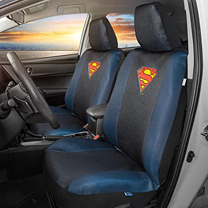 Warner Bros DC Comics Superman Universal Fit Seat Covers Car Accessories - with Removable Head Cover & Matching Seat Belt Pads, Side Airbag Compatible Easy Install for Car Truck Van SUV - size: 2 Front, style: Superman