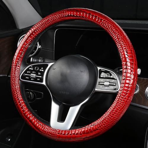 Luxury Crocodile Texture Glossy Leather Car Steering Wheel Cover, New Universal 15 Inch Vehicle Steering Wheel Cover for Cars, Trucks, Suvs, Pickups Interior Accessories (Red) - color: Red