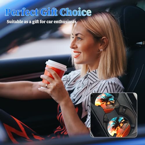 Jeffdad Car Cup Holder Coasters, 2 Pack Absorbent Ceramic Coaster 2.56" Universal Ceramic Stone & Non-Scratch Cork Base Coasters Auto Accessories for Women & Men(Ocean)