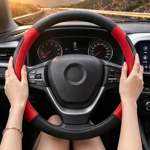 Black and Red Line Punching Car Steering Wheel Cover, Microfiber Leather Sports, 14.5-15 in Universal Leather Wheel Covers, Breathable Fashion Anti-Slip, Steering Wheels Accessories for Men Women - color: Line Punching-Black and Red