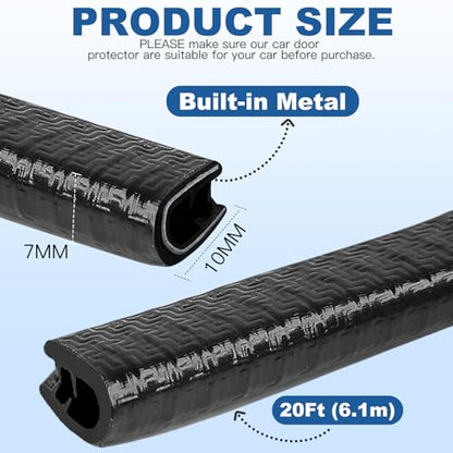 20Ft (6.1m) Car Door Edge Guards, U-Shaped Black Car Door Protector, Automotive Door Entry Guard Fit for Most Vehicles, Built-in Metal Clips, No Need Adhesive, Easy to Cut