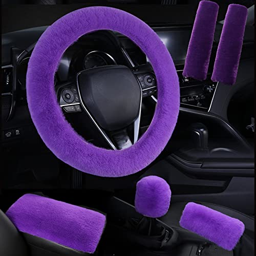 1 Set 6 Pcs Fluffy Car Steering Wheel Cover & Seat Belt Shoulder Pads & Handbrake Cover & Gear Shift Cover Set & Seat Belt Shoulder Pads Faux Wool Universal Fit Car Interior Accessories (Purple) - color: Purple