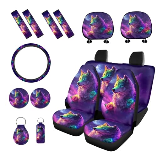 Wolf Rose Moon Print Violet 15 Pcs Car Seat Cover Set, Full Set Car Accessories, Front Rear Seat Covers Steering Wheel Cover Seat Belt Covers Car Coaster - color: Wolf Rose Moon Print Violet
