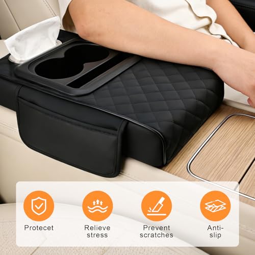 Car Armrest Cushion,Multifunctional Leather Console Cover with Cup Holders,Center Console Armrest with Tissue Box Slot & Phone Storage,Car Interior Accessories,Black