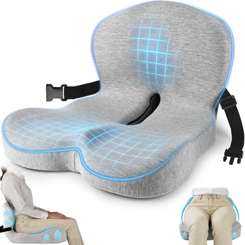 Truck Seat Cushion, Memory Foam Trucker Seat Cushion for Truck Driver Long Sitting with Adjustable Strap, Back Support and Pain Relief for Trucker Driving Office Chair and Pain, Light Gray - color: Light Gray