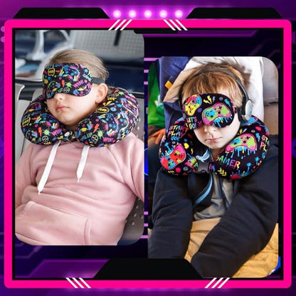 4 Pcs Game Travel Pillow with Sleep Eye Mask, U Shaped Memory Foam Headrest & Neck Pillow with Washable Cover, Soft Neck Head Support Travel Accessories for Airplane Car Train Bus Trips