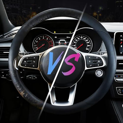 Leather Car Steering Wheel Cover, Breathable Laser-Perforated, Pure Black Double Lines, Rich Texture, 14.5-15 Inch for Nissan