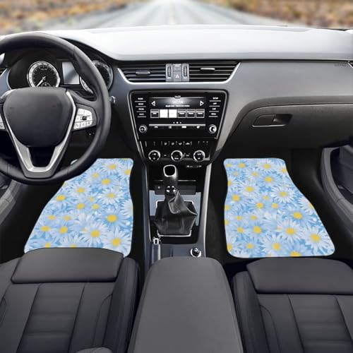 Daisy Car Rubber Floor Mat 4PCS, Blue Flower Field Front and Rear Mats, Countryside Fresh Flower Non-Slip Floor Mats Heel Pad Fit for SUV Van Truck Car - color: Blue Daisy Flower Field