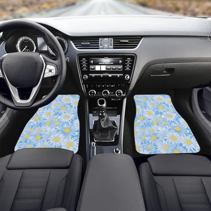 Daisy Car Rubber Floor Mat 4PCS, Blue Flower Field Front and Rear Mats, Countryside Fresh Flower Non-Slip Floor Mats Heel Pad Fit for SUV Van Truck Car - color: Blue Daisy Flower Field